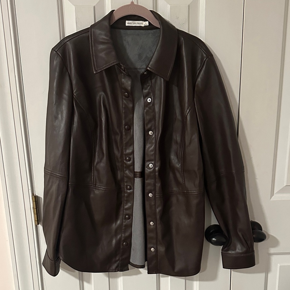 Avec Les Filles Dark Brown Vegan Leather Button-Up Shirt Jacket Size Large L